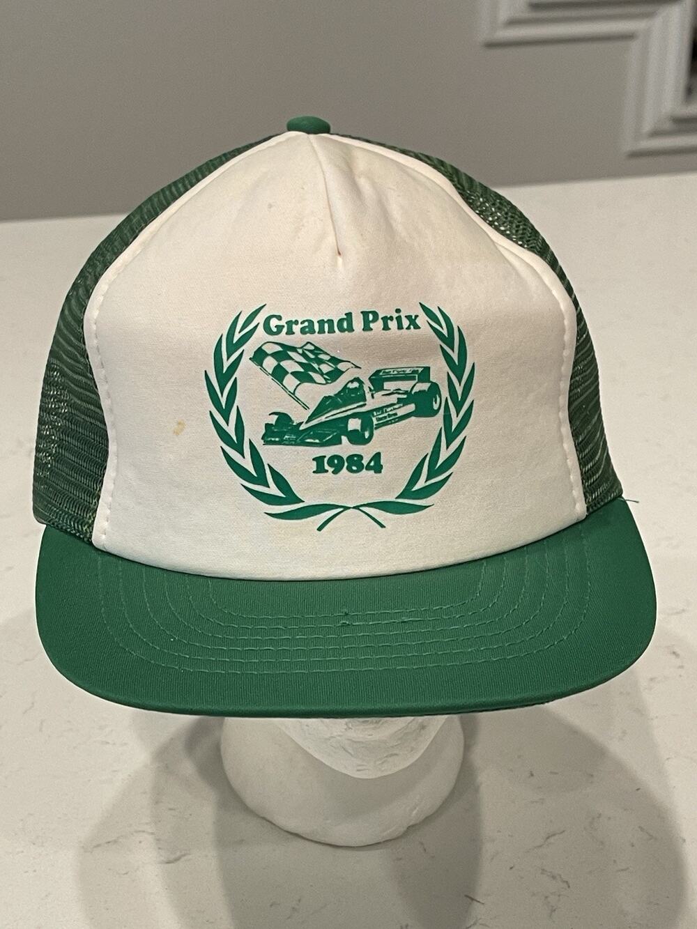 Vintage Grand Prix 1984 Sportcap Green Mesh Trucker Snapback Hat L